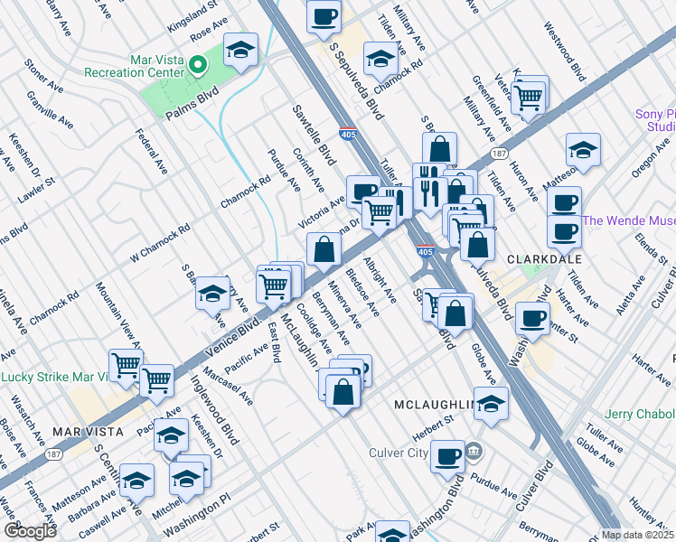 map of restaurants, bars, coffee shops, grocery stores, and more near 3816 Minerva Avenue in Los Angeles