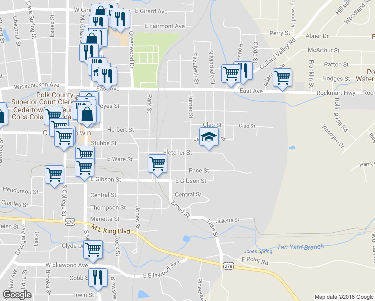 map of restaurants, bars, coffee shops, grocery stores, and more near 701 Fletcher Street in Cedartown