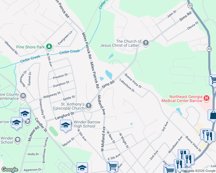 map of restaurants, bars, coffee shops, grocery stores, and more near 144 Williamsburg Way in Winder