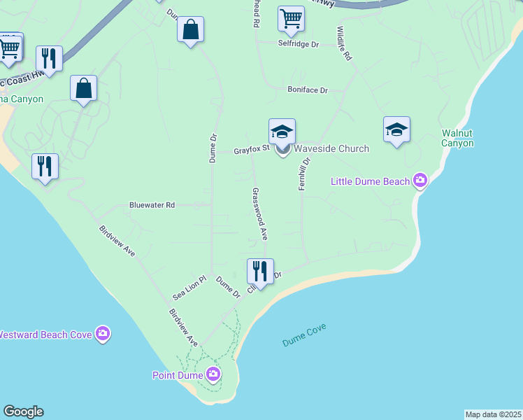 map of restaurants, bars, coffee shops, grocery stores, and more near 7036 Grasswood Avenue in Malibu