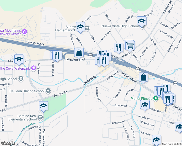 map of restaurants, bars, coffee shops, grocery stores, and more near 7057 Valley Way in Riverside