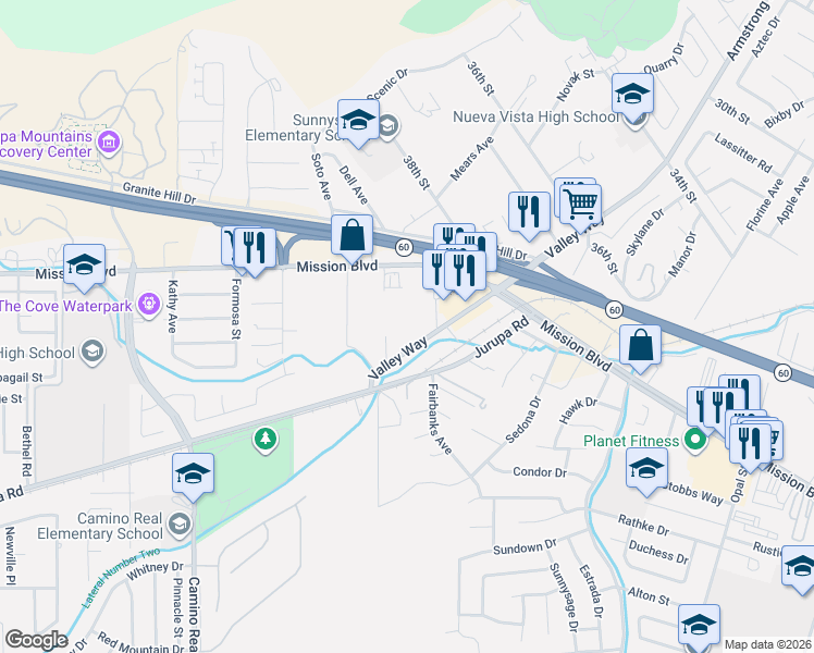 map of restaurants, bars, coffee shops, grocery stores, and more near 7057 Valley Way in Riverside
