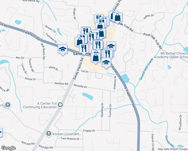 map of restaurants, bars, coffee shops, grocery stores, and more near 2106 Arbor Oaks Drive in Marietta