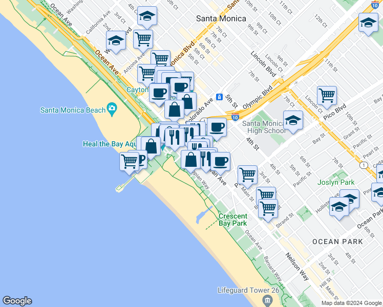 map of restaurants, bars, coffee shops, grocery stores, and more near 1660 Ocean Avenue in Santa Monica