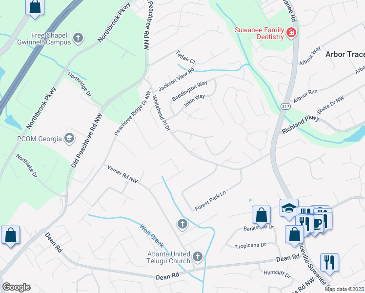 map of restaurants, bars, coffee shops, grocery stores, and more near 2492 Whitehead Place Drive in Suwanee