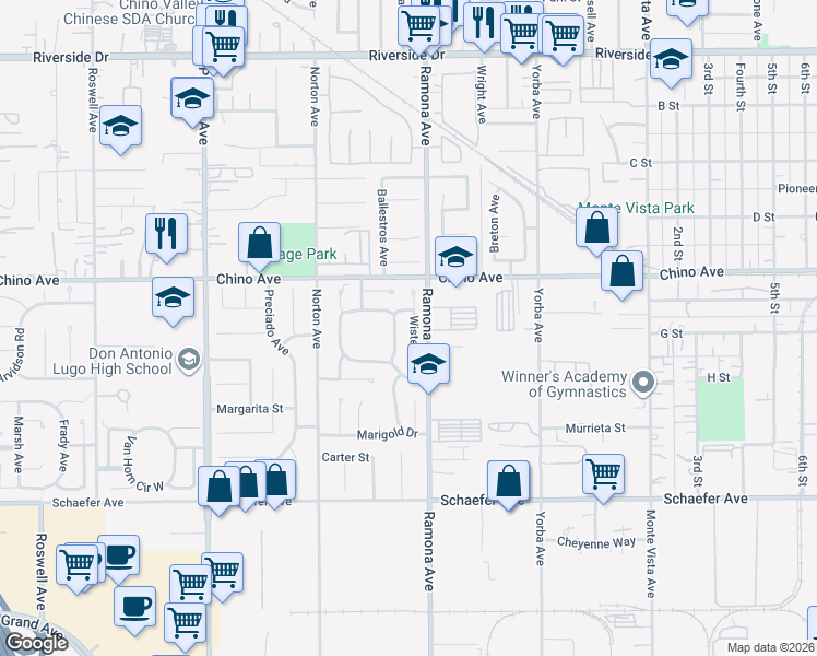 map of restaurants, bars, coffee shops, grocery stores, and more near 13388 Wisteria Place in Chino