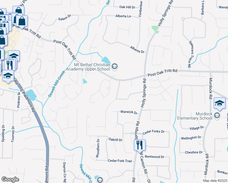 map of restaurants, bars, coffee shops, grocery stores, and more near 2421 Sara Drive Northeast in Marietta