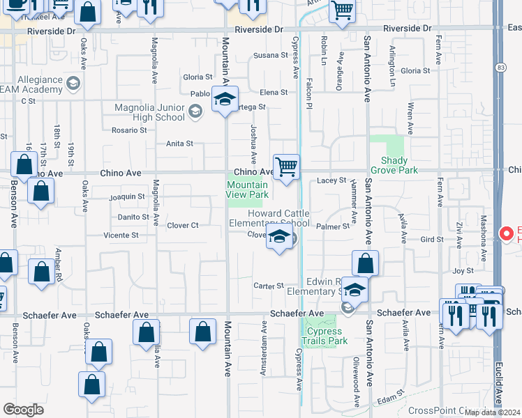 map of restaurants, bars, coffee shops, grocery stores, and more near 13406 Bunker Hill Place in Chino