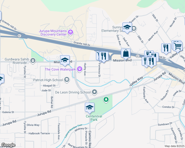 map of restaurants, bars, coffee shops, grocery stores, and more near 7456 Joan Avenue in Riverside