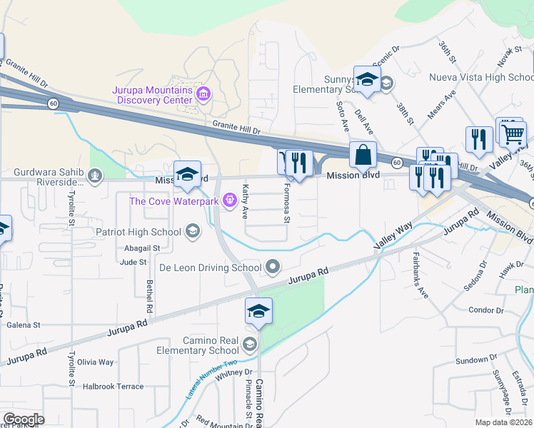 map of restaurants, bars, coffee shops, grocery stores, and more near 7495 Peggy Avenue in Riverside