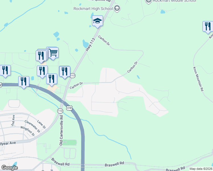 map of restaurants, bars, coffee shops, grocery stores, and more near 223 Carlton Drive in Rockmart