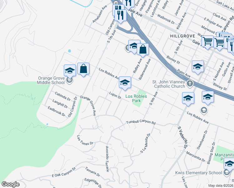 map of restaurants, bars, coffee shops, grocery stores, and more near 1555 Ridley Avenue in La Puente