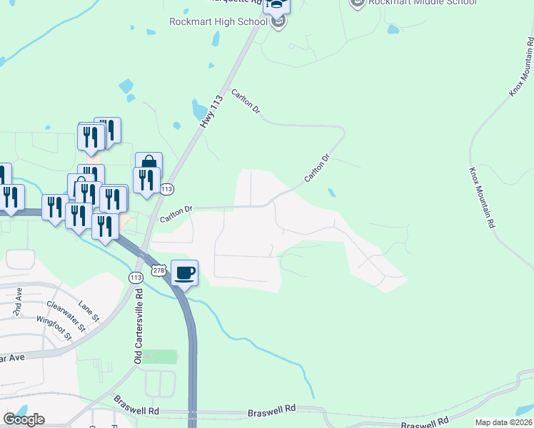 map of restaurants, bars, coffee shops, grocery stores, and more near 223 Carlton Drive in Rockmart