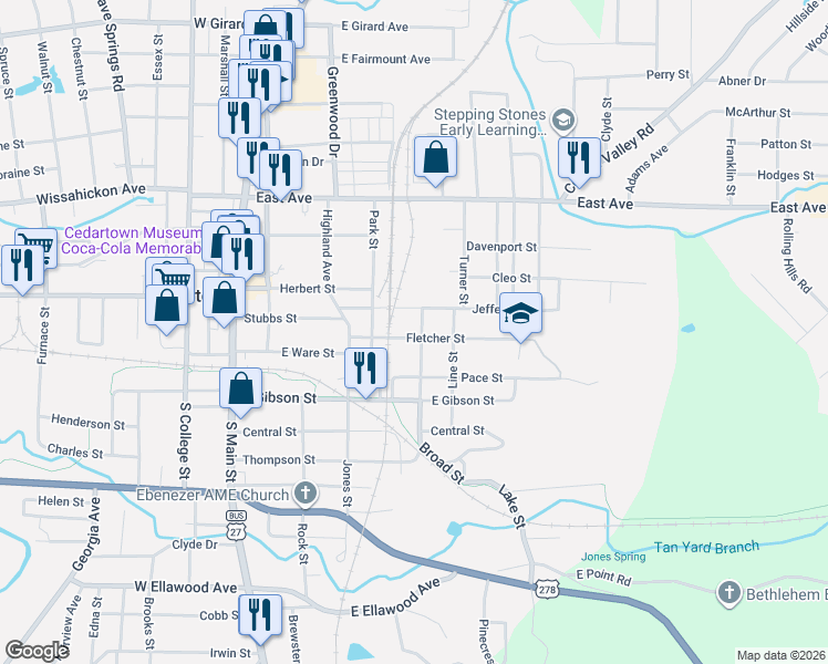 map of restaurants, bars, coffee shops, grocery stores, and more near 408 Robert L. Parks Boulevard in Cedartown