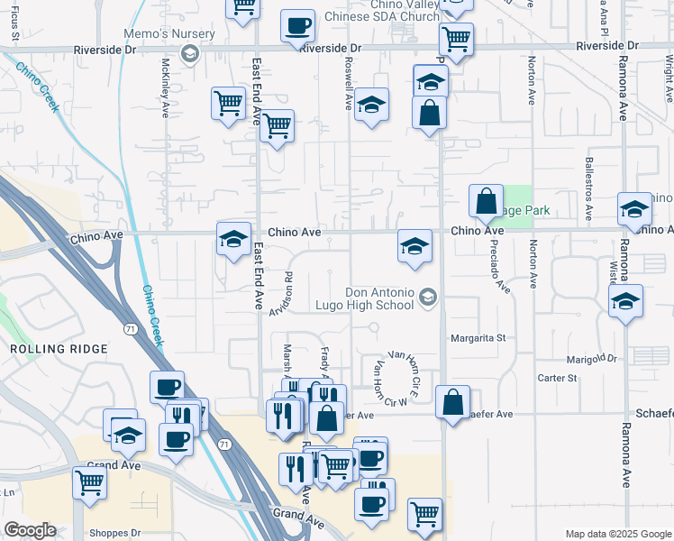 map of restaurants, bars, coffee shops, grocery stores, and more near 13383 Netzley Place in Chino