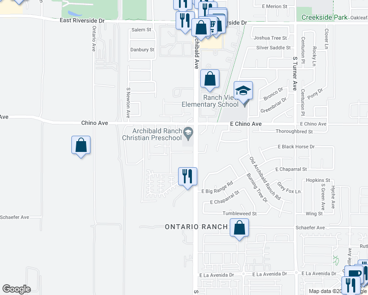 map of restaurants, bars, coffee shops, grocery stores, and more near 2649 East Towhee Street in Ontario