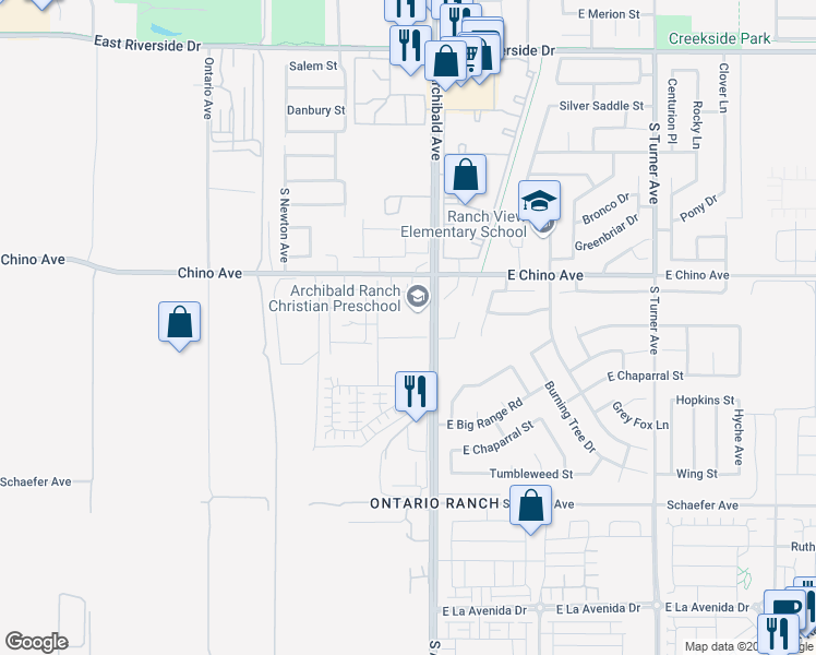 map of restaurants, bars, coffee shops, grocery stores, and more near 2649 East Towhee Street in Ontario