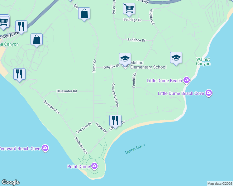 map of restaurants, bars, coffee shops, grocery stores, and more near 7036 Grasswood Avenue in Malibu