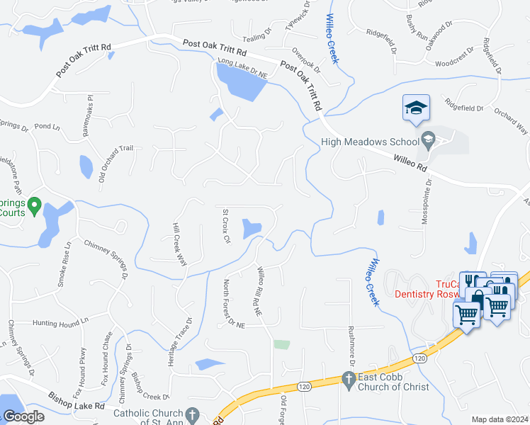 map of restaurants, bars, coffee shops, grocery stores, and more near 2457 North Forest Drive Northeast in Marietta