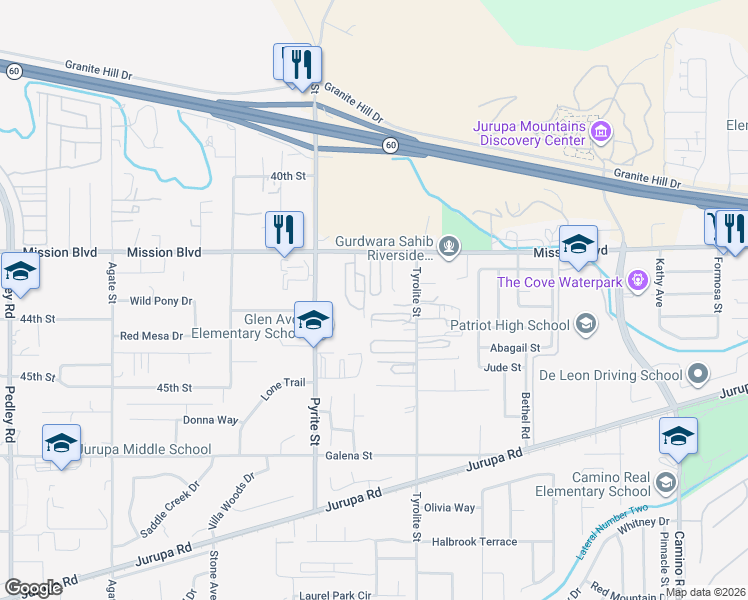 map of restaurants, bars, coffee shops, grocery stores, and more near 4318 Pyrite Street in Riverside