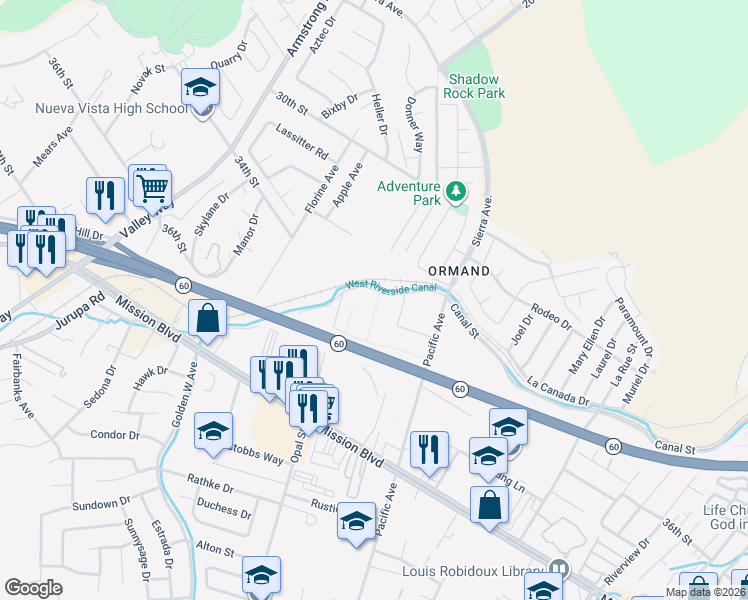 map of restaurants, bars, coffee shops, grocery stores, and more near 3363 Lakota Lane in Jurupa Valley