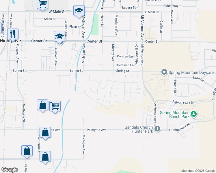 map of restaurants, bars, coffee shops, grocery stores, and more near 501-699 Murphy Avenue in Riverside