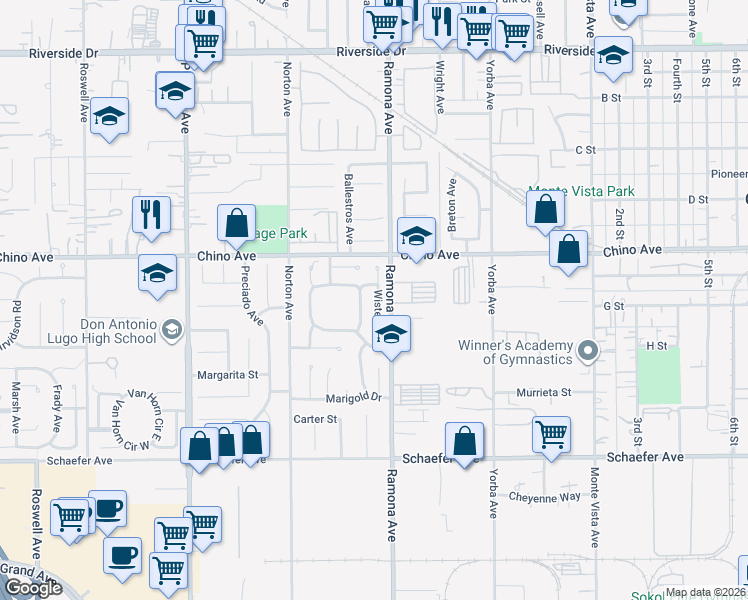 map of restaurants, bars, coffee shops, grocery stores, and more near 4430 Heather Circle in Chino