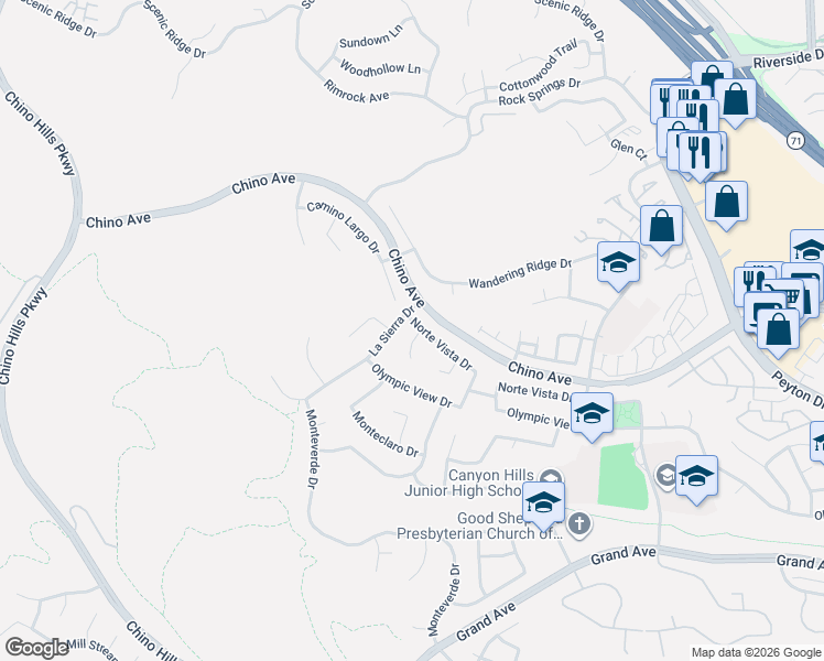map of restaurants, bars, coffee shops, grocery stores, and more near 13458 Palamos Place in Chino Hills