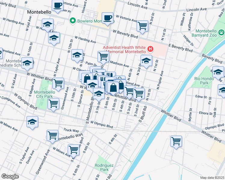 map of restaurants, bars, coffee shops, grocery stores, and more near 511 West Whittier Boulevard in Montebello