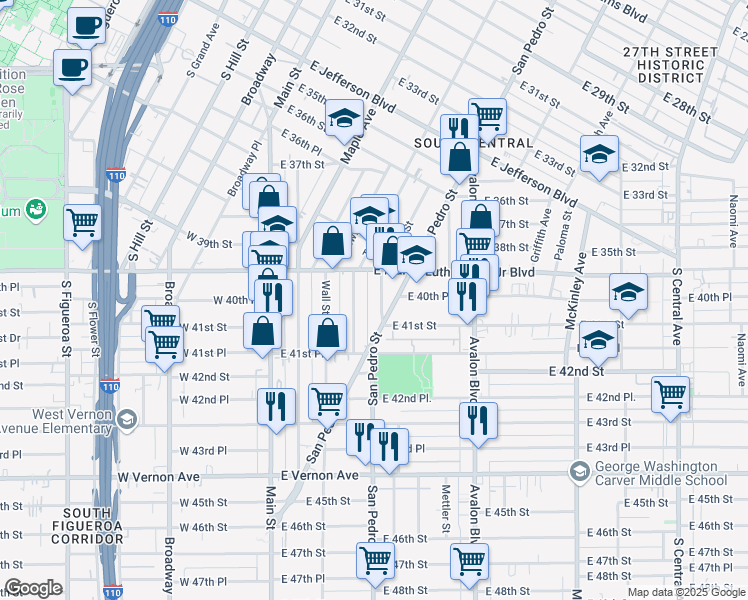 map of restaurants, bars, coffee shops, grocery stores, and more near 4076 1/2 San Pedro Street in Los Angeles