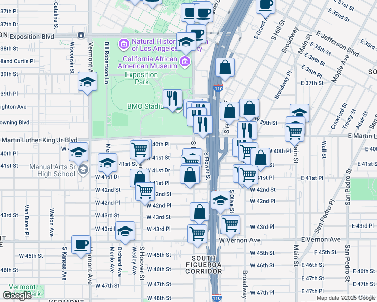 map of restaurants, bars, coffee shops, grocery stores, and more near 4072 South Figueroa Street in Los Angeles