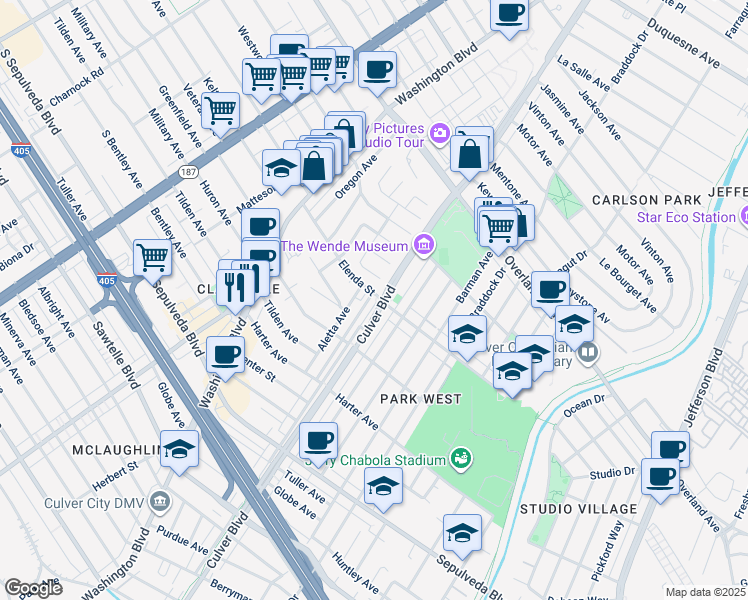 map of restaurants, bars, coffee shops, grocery stores, and more near 10900 Culver Boulevard in Culver City