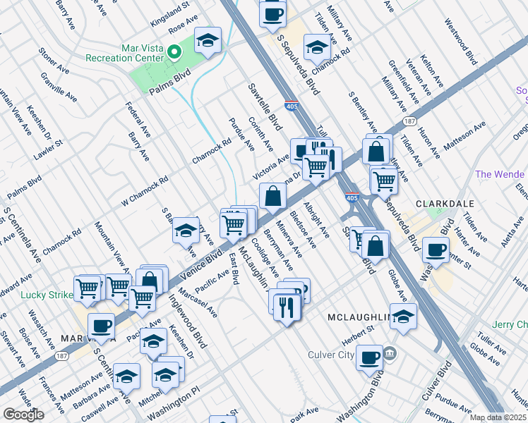 map of restaurants, bars, coffee shops, grocery stores, and more near in Los Angeles