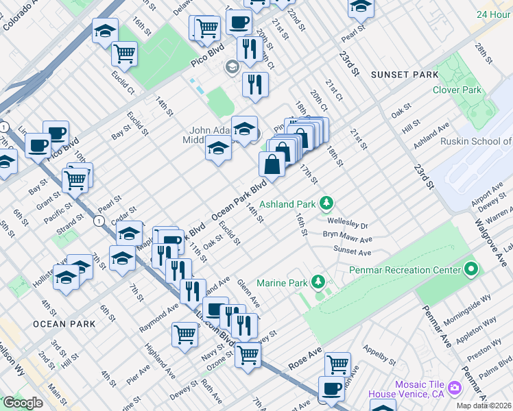 map of restaurants, bars, coffee shops, grocery stores, and more near 1345 Oak Street in Santa Monica