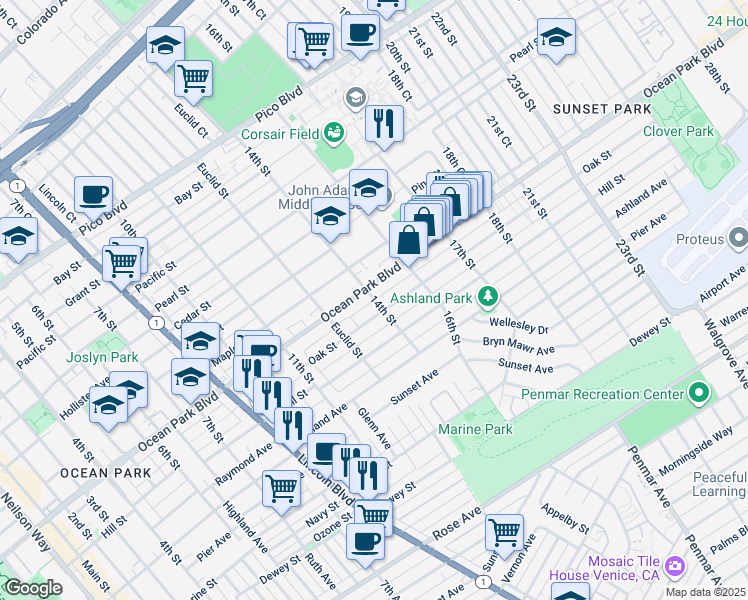 map of restaurants, bars, coffee shops, grocery stores, and more near 1345 Oak Street in Santa Monica