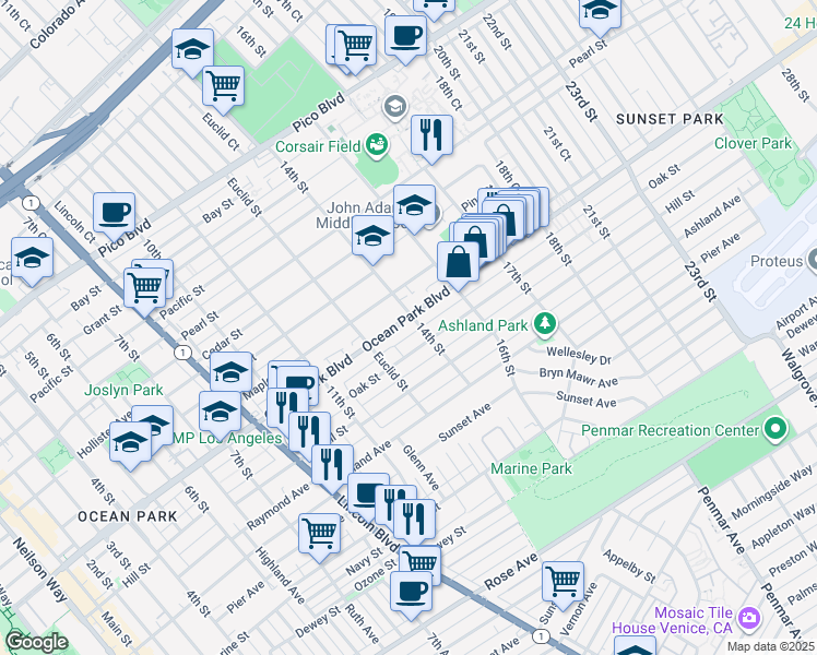 map of restaurants, bars, coffee shops, grocery stores, and more near 1345 Oak Street in Santa Monica