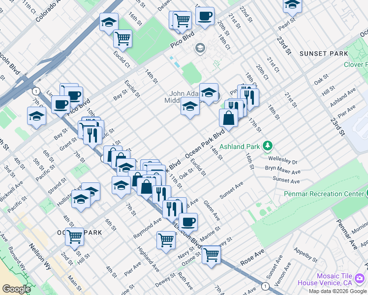 map of restaurants, bars, coffee shops, grocery stores, and more near 1212 Maple Street in Santa Monica