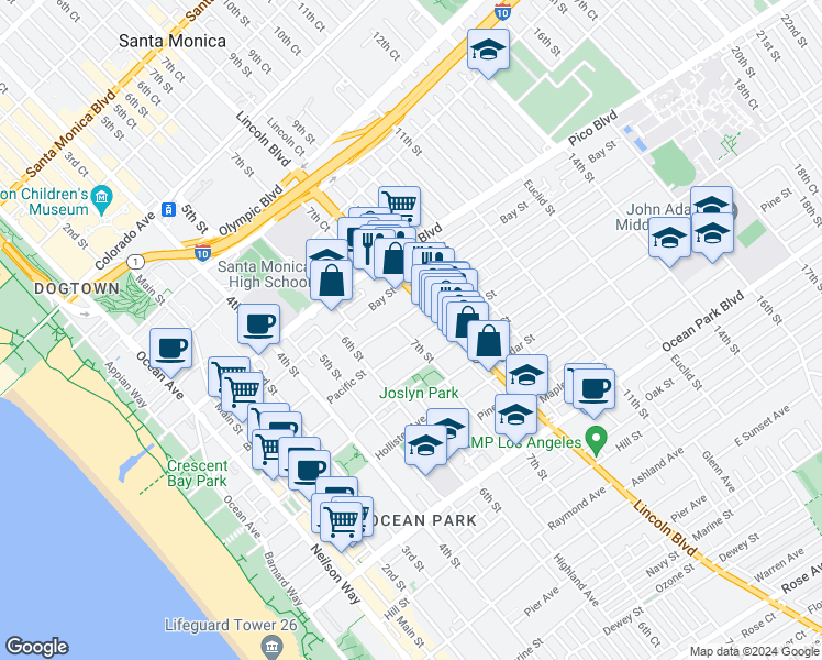 map of restaurants, bars, coffee shops, grocery stores, and more near 650 Pacific Street in Santa Monica