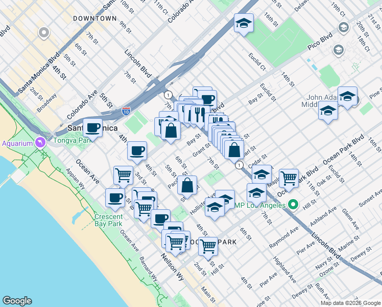 map of restaurants, bars, coffee shops, grocery stores, and more near 614 Grant Street in Santa Monica