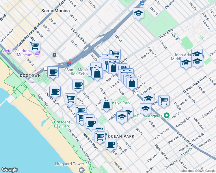 map of restaurants, bars, coffee shops, grocery stores, and more near 614 Grant Street in Santa Monica