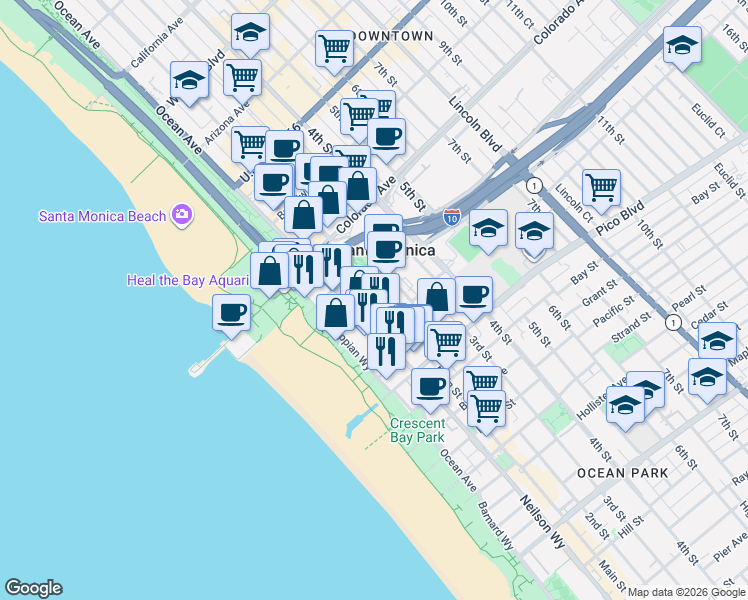 map of restaurants, bars, coffee shops, grocery stores, and more near in Santa Monica