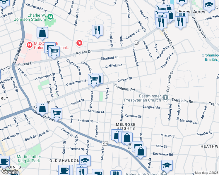 map of restaurants, bars, coffee shops, grocery stores, and more near 1527 Gladden Street in Columbia