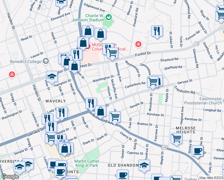 map of restaurants, bars, coffee shops, grocery stores, and more near 2415 F M Young Avenue in Columbia
