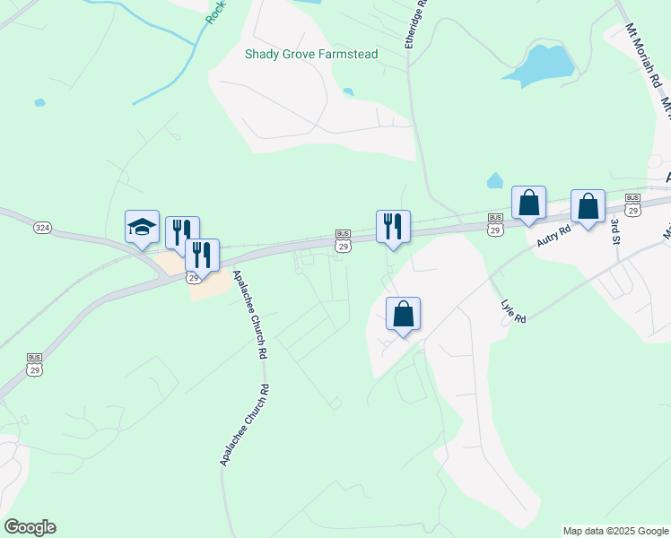 map of restaurants, bars, coffee shops, grocery stores, and more near 82 Auburn Run Lane in Auburn