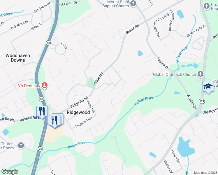 map of restaurants, bars, coffee shops, grocery stores, and more near 959 Park Knoll Court Northeast in Lawrenceville