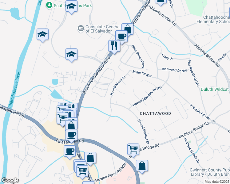 map of restaurants, bars, coffee shops, grocery stores, and more near 4058 Haverford Court in Duluth