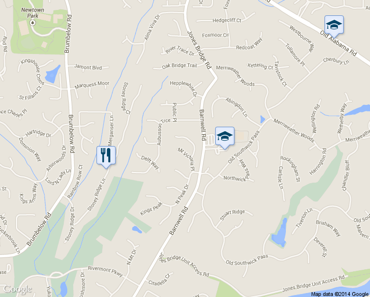 map of restaurants, bars, coffee shops, grocery stores, and more near 645 Mount Victoria Place in Alpharetta