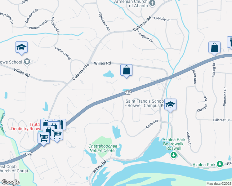 map of restaurants, bars, coffee shops, grocery stores, and more near 110 Lullwater Court in Roswell