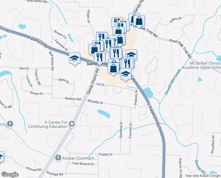 map of restaurants, bars, coffee shops, grocery stores, and more near 2106 Arbor Oaks Drive in Marietta