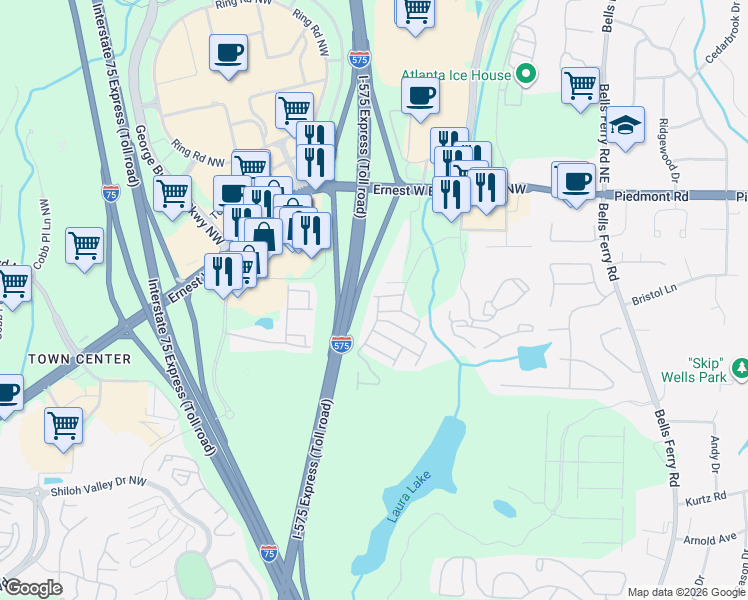 map of restaurants, bars, coffee shops, grocery stores, and more near 2255 Nottley Drive in Marietta